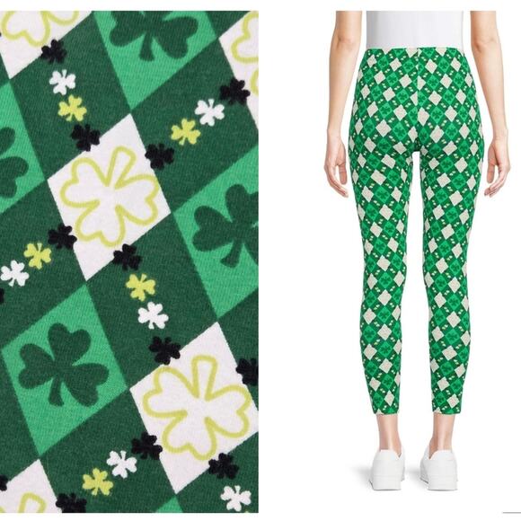 NOBO Green St. Patricks Day Leggings Clover Shamrock Diamond - Picture 1 of 12